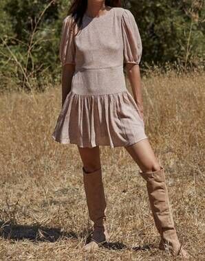 NEW BY TOGETHER western aesthetic rayon crepe ruffle dress in tan